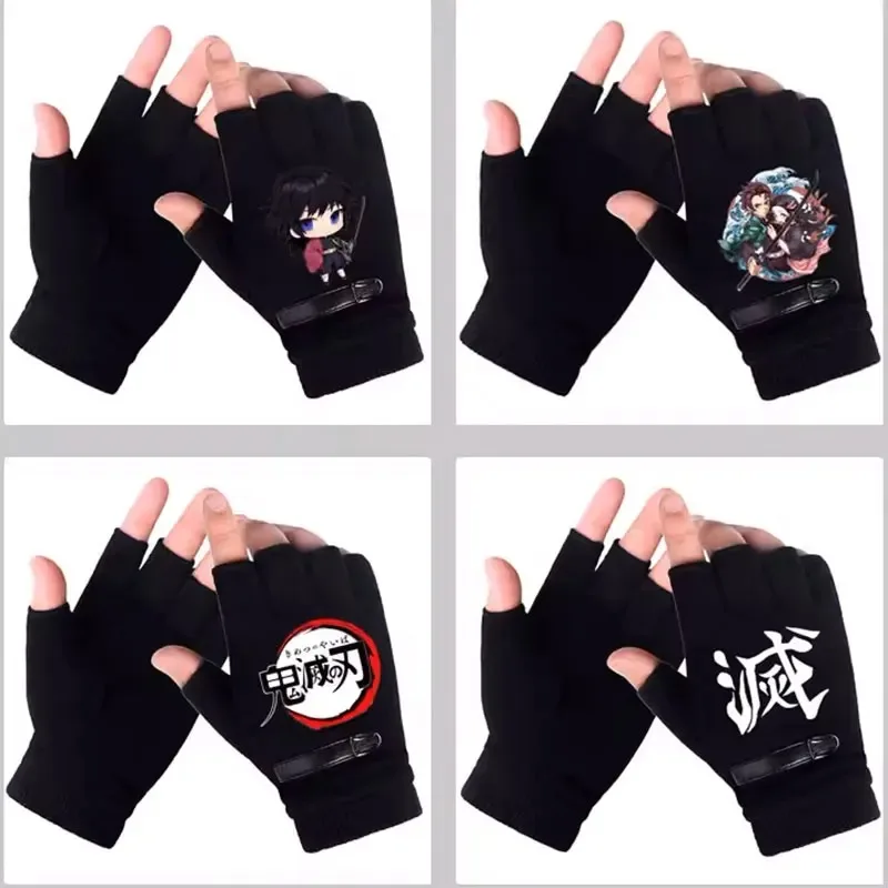 Anime Demon Slayer Student Half Finger Gloves New Winter Men Woman Fingerless Warm Knitted Gloves Outdoor Bicycle Gloves