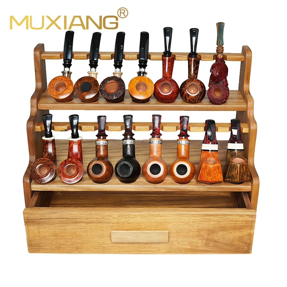 MUXIANG Walnut Wood Multi-tier Pipe Rack With Drawer - Large Capacity Pipe Storage Display Stand Tobacco Pipe Organizer