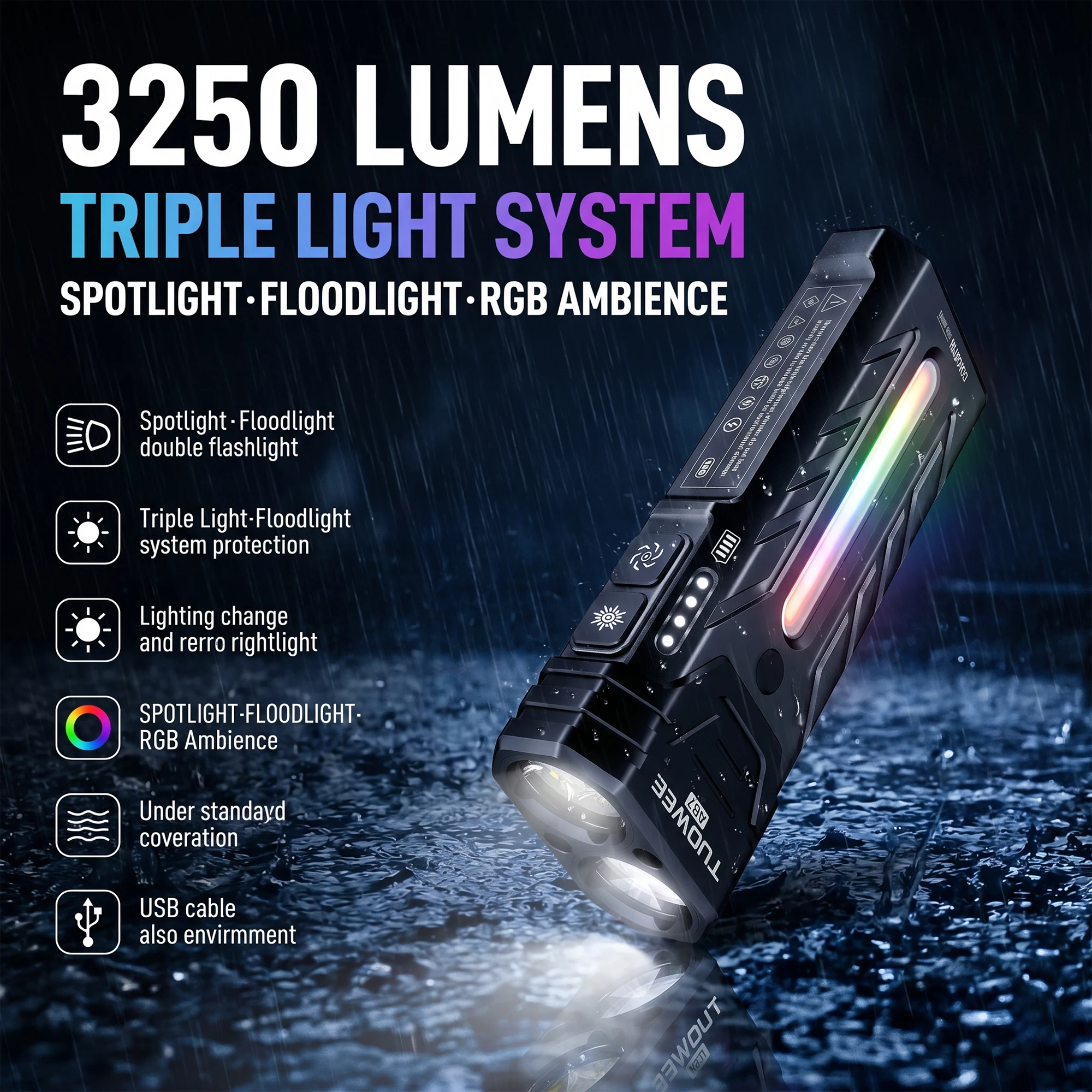5000LM Rechargeable Magnetic LED Flashlight, 55 Modes, RGB Ambient Light, Spotlight & Floodlight, for Camping Hiking Emergency Use Gift Pack Version