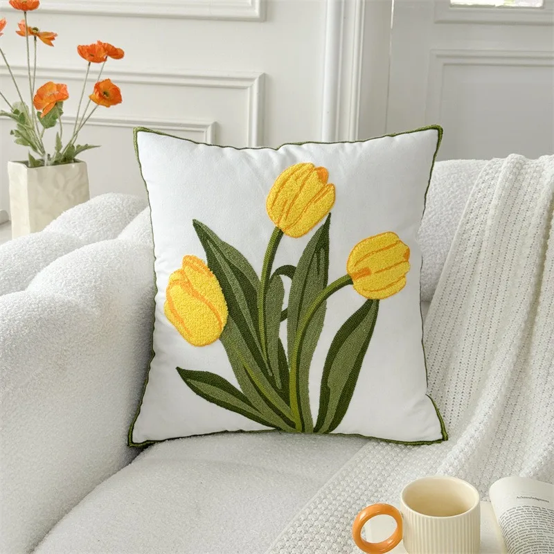 

Yellow Tulip Flower Cushion Cover 2D Peach Skin Pillow Case Nordic Floral Throw Pillows for Sofa Living Room Home Decor Office