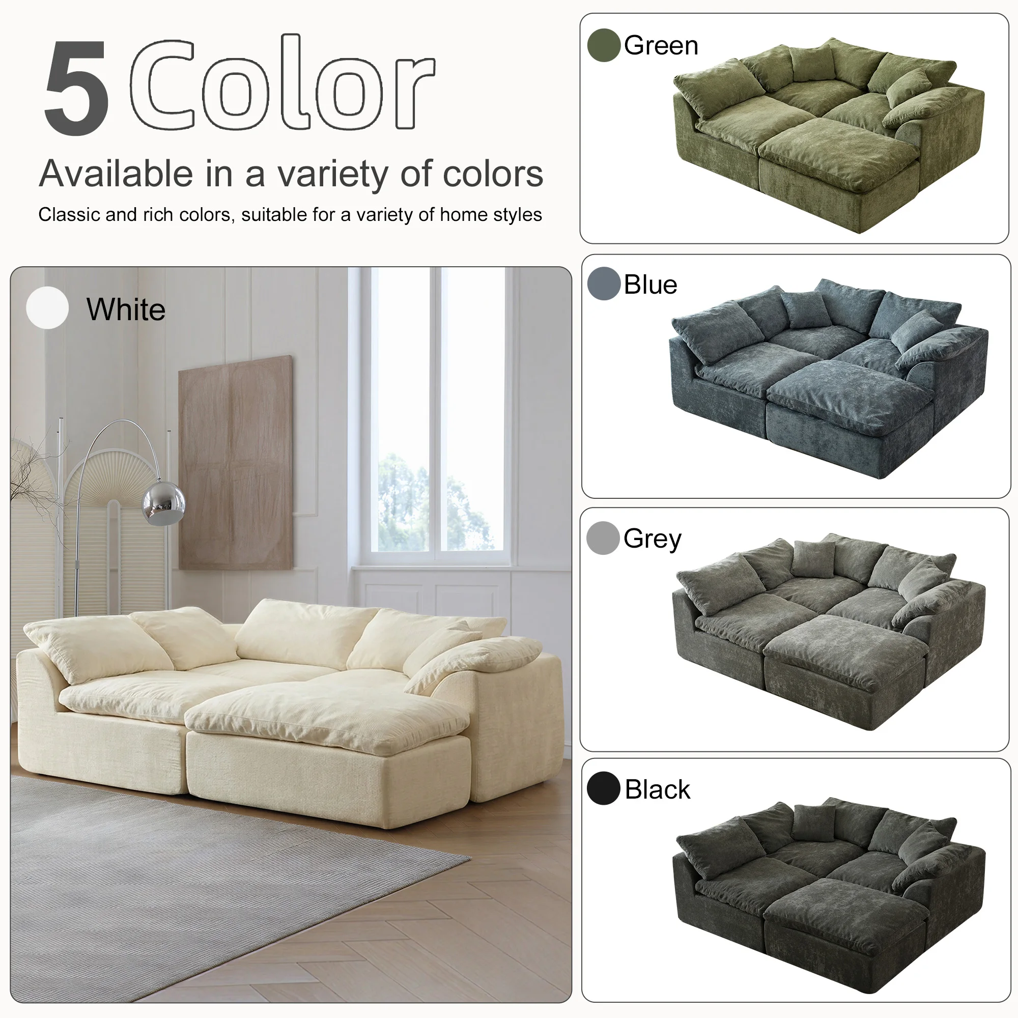 Nowoczesna modułowa sofa segmentowa Cloud Couch, duża, głęboka i wygodna sofa do salonu z wyjmowanymi poduszkami.