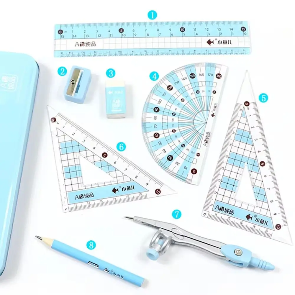 8Pcs/Set Multi-Function Ruler Compass Set Sharpener Metal Box Drawing Stationery Straight Ruler Protractor Measuring Ruler