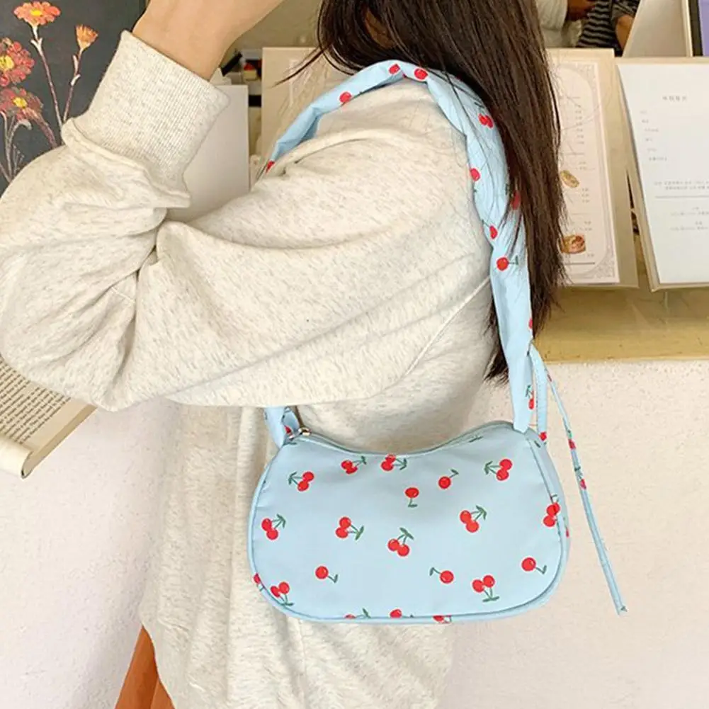 Cherry Printed Folded Handbag for Women Small Cute One Shoulder Crossbody Dumpling Bag Versatile Commuter Bag