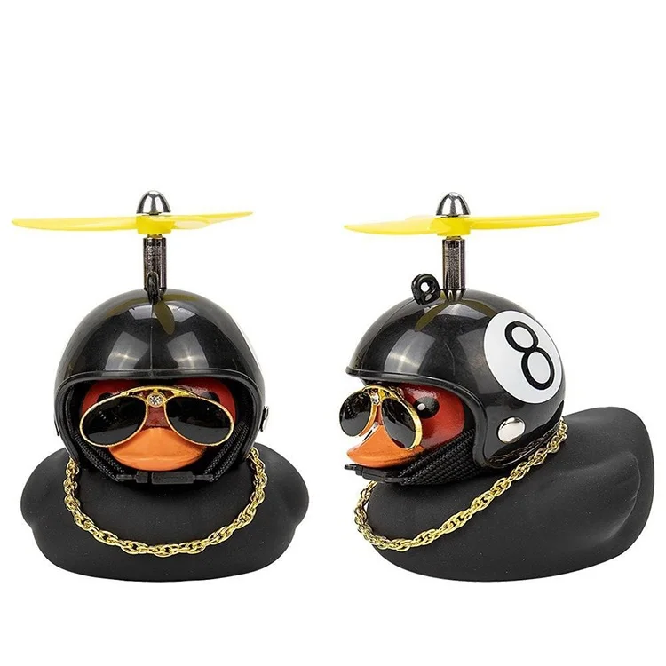 Schwarze Gummi-Ente als Auto-Armaturenbrett-Ornament mit Propeller, Helm und Sonnenbrille, Lustiges Auto-Innenzubehör, Fahrrad-Ornament, Geschenk – Detail 14