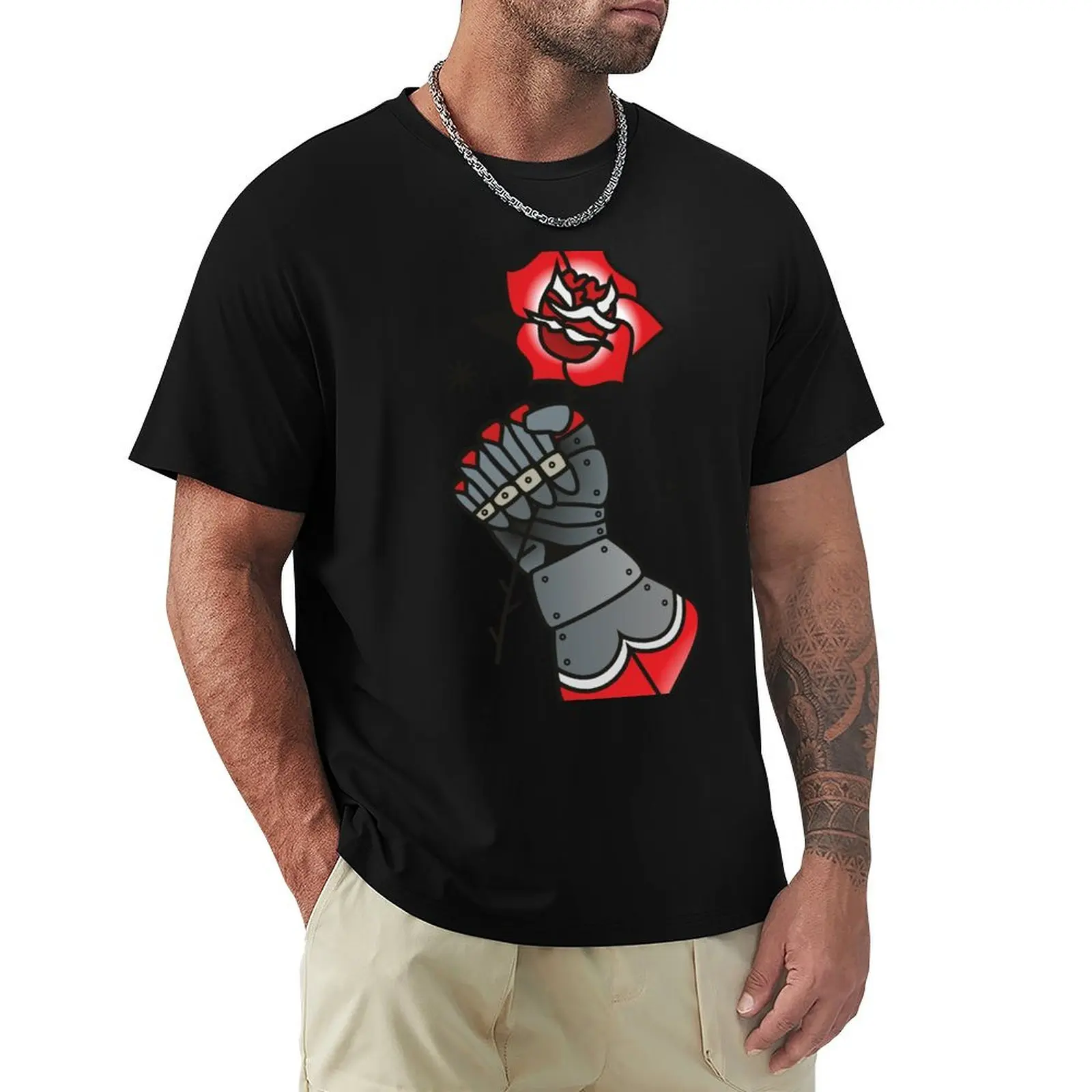Romantic Knight Tattoo T-Shirt Relaxed Casual Short Sleeve Tee