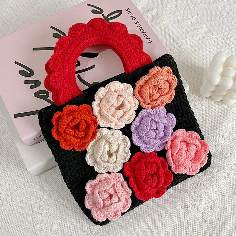 DIY Hand-woven Rose Retro Bag Wool Crochet Horizontal Style Square Open Lady Handbag