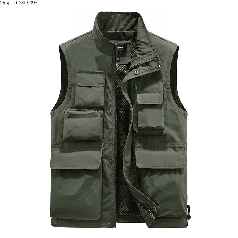 Men Outdoor Vest Multi-Pocket Solid Color Fishing Director Reporter Work Waistcoat Photography Casual Vest Jacket Male