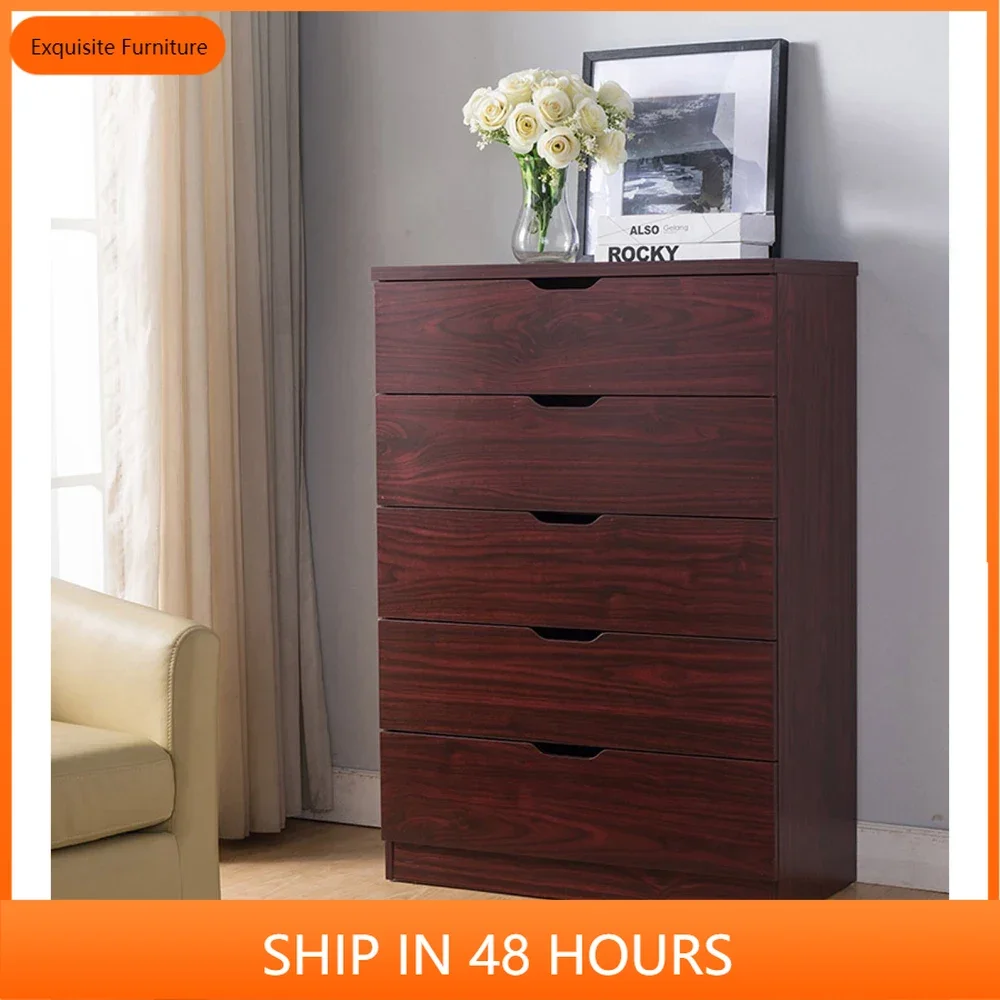 

5 Drawer Bedroom Dresser, Home Chest Cabinet with Cut-Out Handles, Mahogany