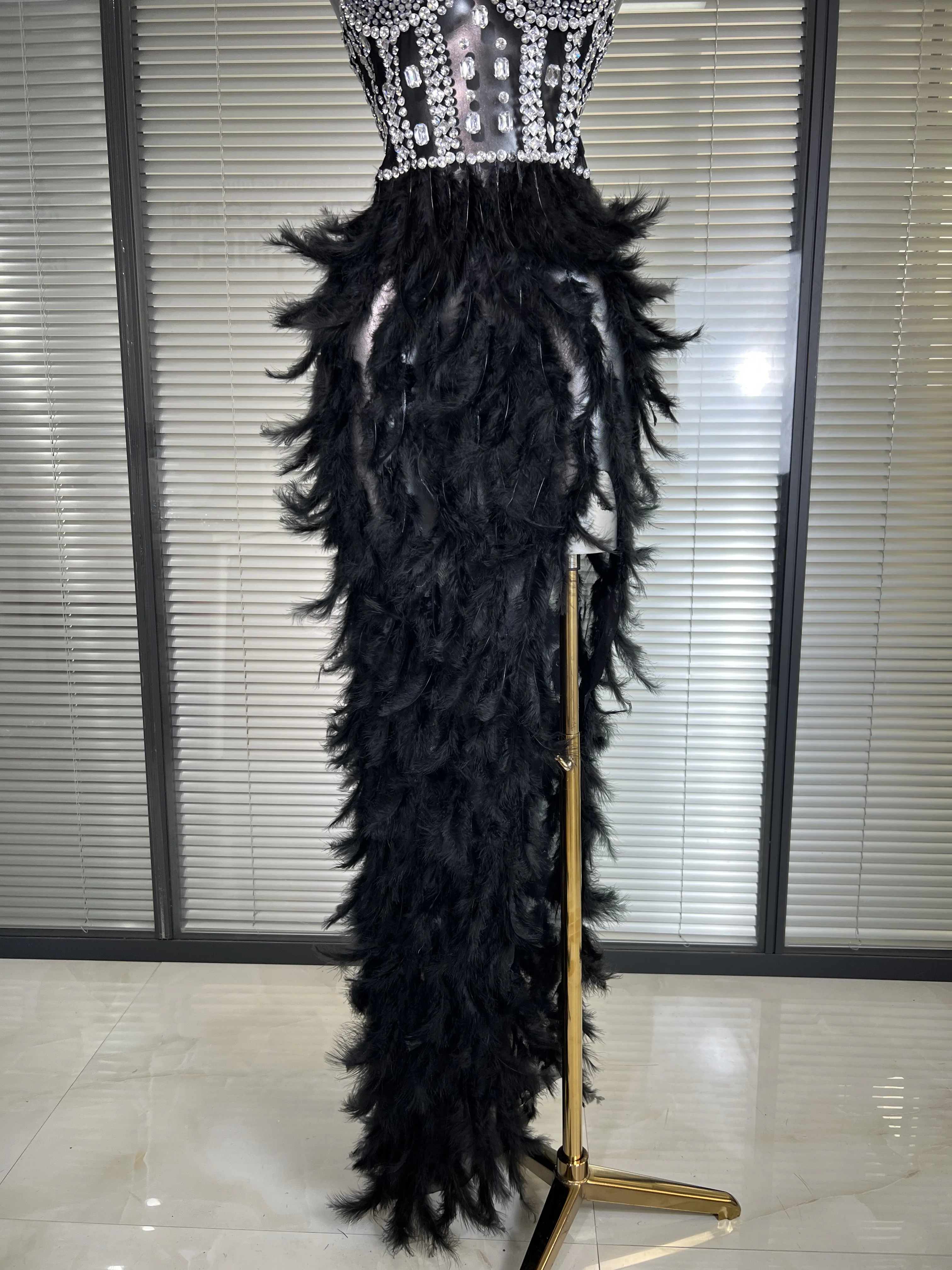 New Women Sexy Mesh Stretched Split Feathers Performance Costume Stage Black Nude High Stretchy Night Club Party Maxi Dress