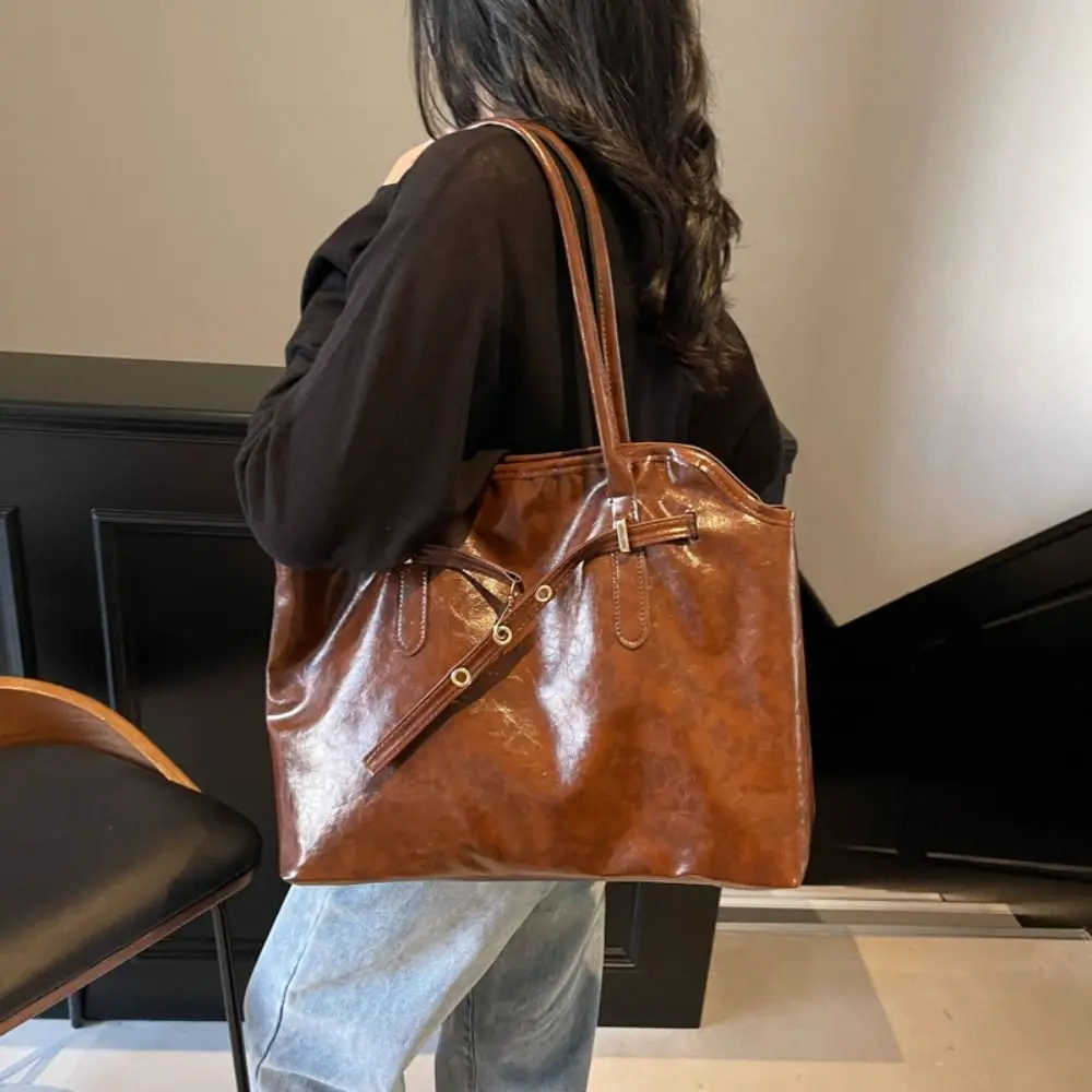 

Casual Korean Style Retro Shoulder Bag PU Leather Brown Ladies Briefcase Minimalist Solid Color Tote Bag Women