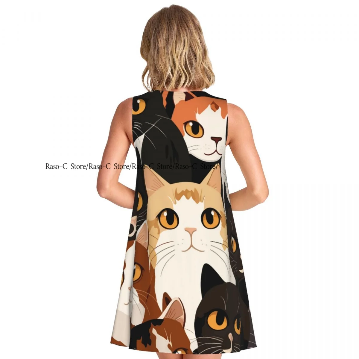 Vestido de mujer, camiseta informal de verano, vestidos de playa, vestido sin mangas con estampado de gatos de dibujos animados
