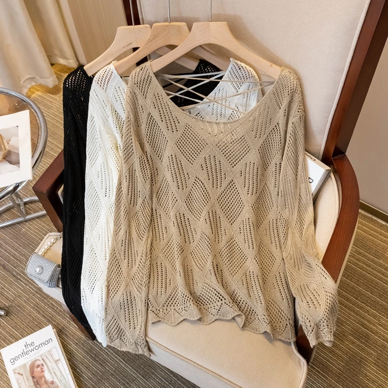 Haut tricoté ajouré pour femmes, grande taille, début d'automne, gros MM, Design coréen, Sensation amincissante, Long, Sve irt