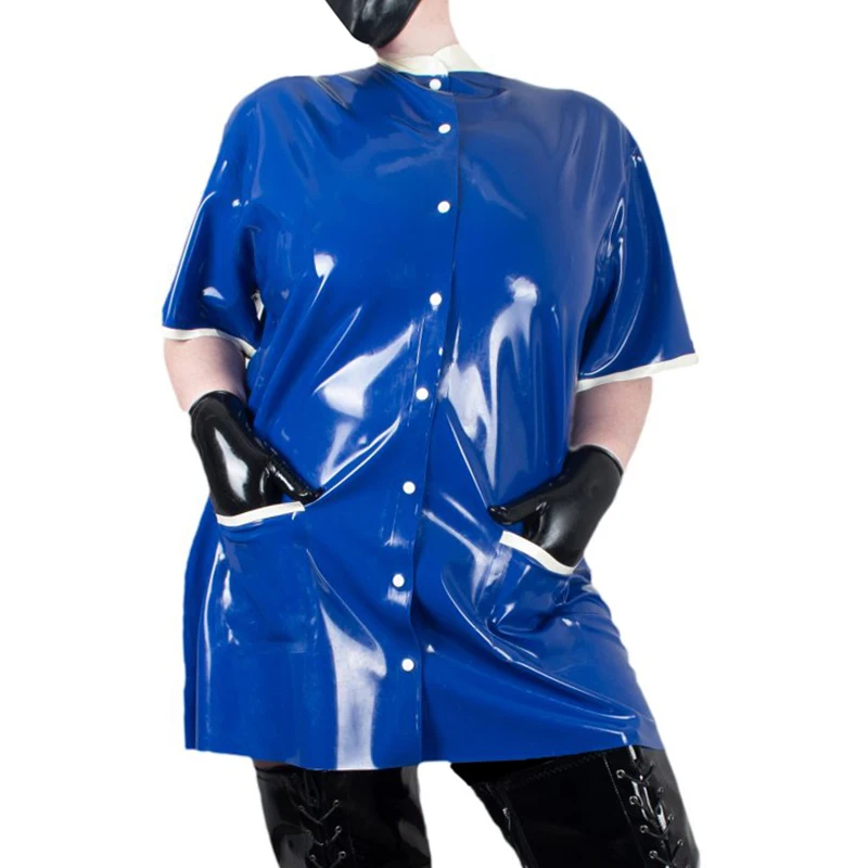 Blue And White Sexy Latex Pajamas With Buttons Round Collar Pockets Half Sleeves Loosely Rubber Uniform Shirts Top YF-0394