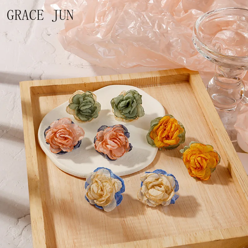 GRACE JUN New Summer Lace Rose Flower Clip on Earrings Fashion Handmade Without Pierced Cuff Earrings Luxury  Ear Clip Jewelry