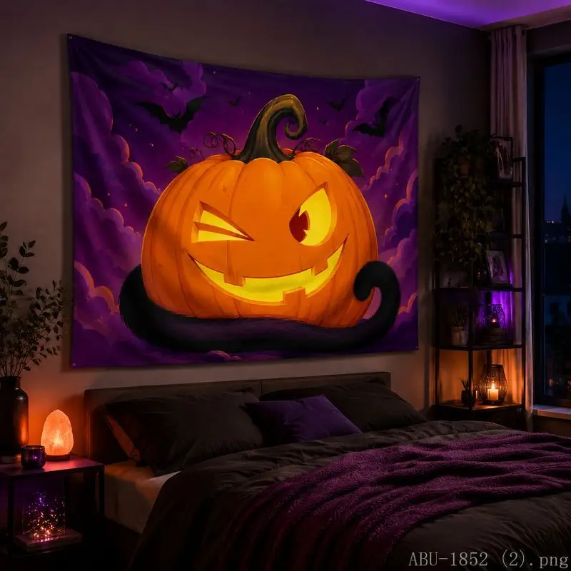 VIKAMA Halloween Pumpkin Bat Cat Maple Leaf Tapestry, Spooky Moon Wall Hanging for Bedroom, Aesthetic Party Wall Decor