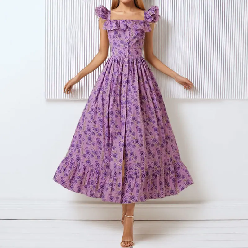 Mode Bloemen Verstoorde Vierkante Kraag Vrouwen Jurk Casual Vliegende Mouwen Hoge Taille Grote Vest Elegant Vrouwelijk Overhemd Een Lijn Jurk