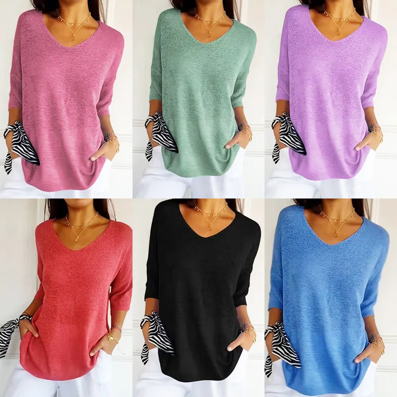 Knitted Sweater Casual Sweater Basic Slimming V-neck Three-quarter Sleeve Solid Color Knitted Sweater Women's Bottoming Shirt