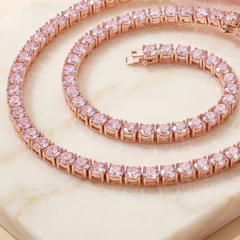 

YLMyself Brass 4mm Pink CZ Tennis Necklace Pave Cubic Zirconia Hip Hop Rock Women Chain Jewelry 16/18 Inch