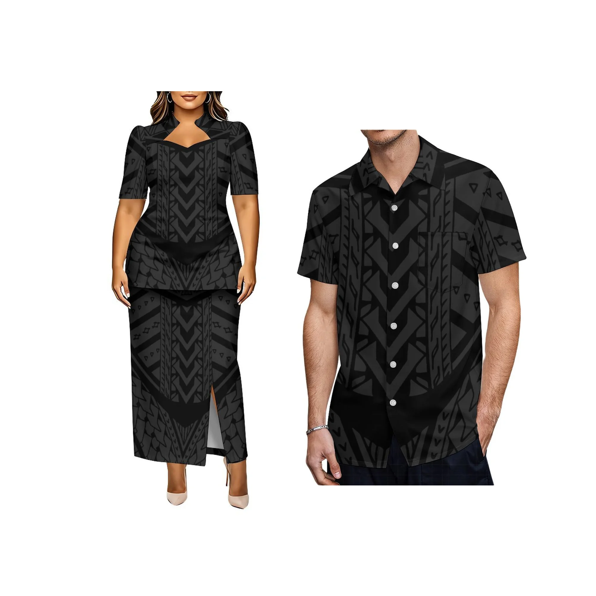 Polynesian Tribal Floral Leaf Print Plus Size Women Puletasi 2 Piece Set Stand Collar Keyhole Top Slit Long Skirt Outfit