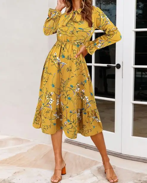 Primavera 2025 novo vestido feminino, design de cintura, formato de trompete elegante, mangas compridas, bordas com babados, padrão de flor