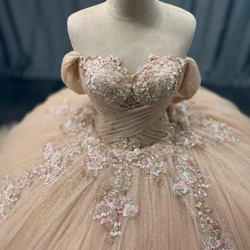 

Shiny Champagne Quinceanera Dress off-shoulder glitter Decal Lace layering Long tail Vestidos De 15 Quinceanera ﻿Customize