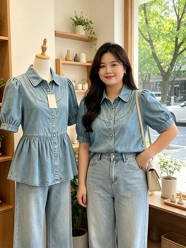 

Summer 2026 Women's Casual Bubble Sleeve Shirt Light Blue Versatile Retro Chic Outerwear Short Sleeve Turn-down Collar Commute