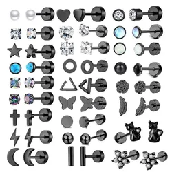 1Pair Stainless Steel Round Black Ear Studs Punk Men Stud Earring Pearl Triangle Push Back Stud Earring for Women Men Jewelry