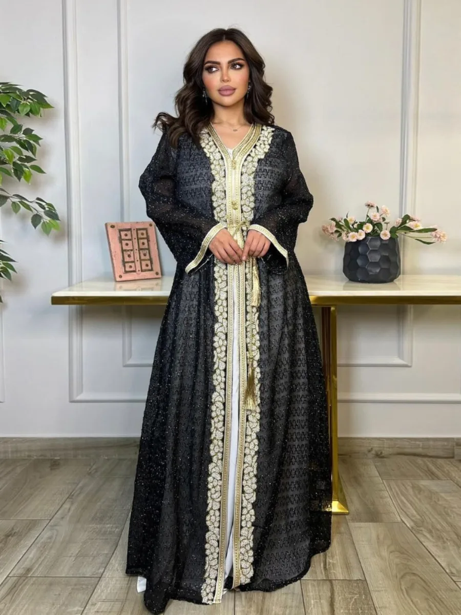 Eid Muslim Abaya Dress 2 Piece Suits Islamic Lace Up Robe Dubai Saudi Arab Morocco Dresses Jalabiya Two Piece Set Vestidos Party