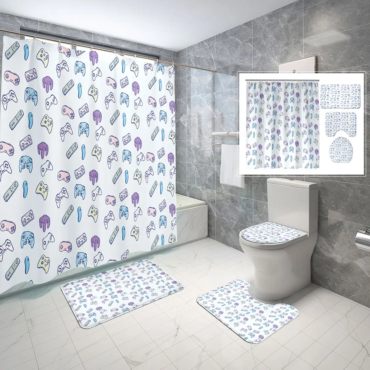 

4 PCS/Set Gamepad Shower Curtain Sets,Joystick Game Style Waterproof Fabric Bathroom Curtain,Toilet Lid Cover,Non-slip Bath Rugs