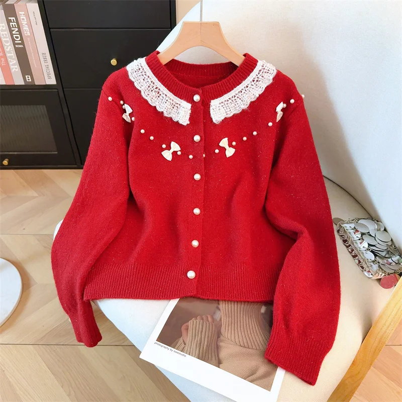 

Bow Detail Red Knit Cardigan - 2026 Spring Vintage Style Loose Fit Open Front Sweater for Women, Elegant Chunky Yarn Jacket