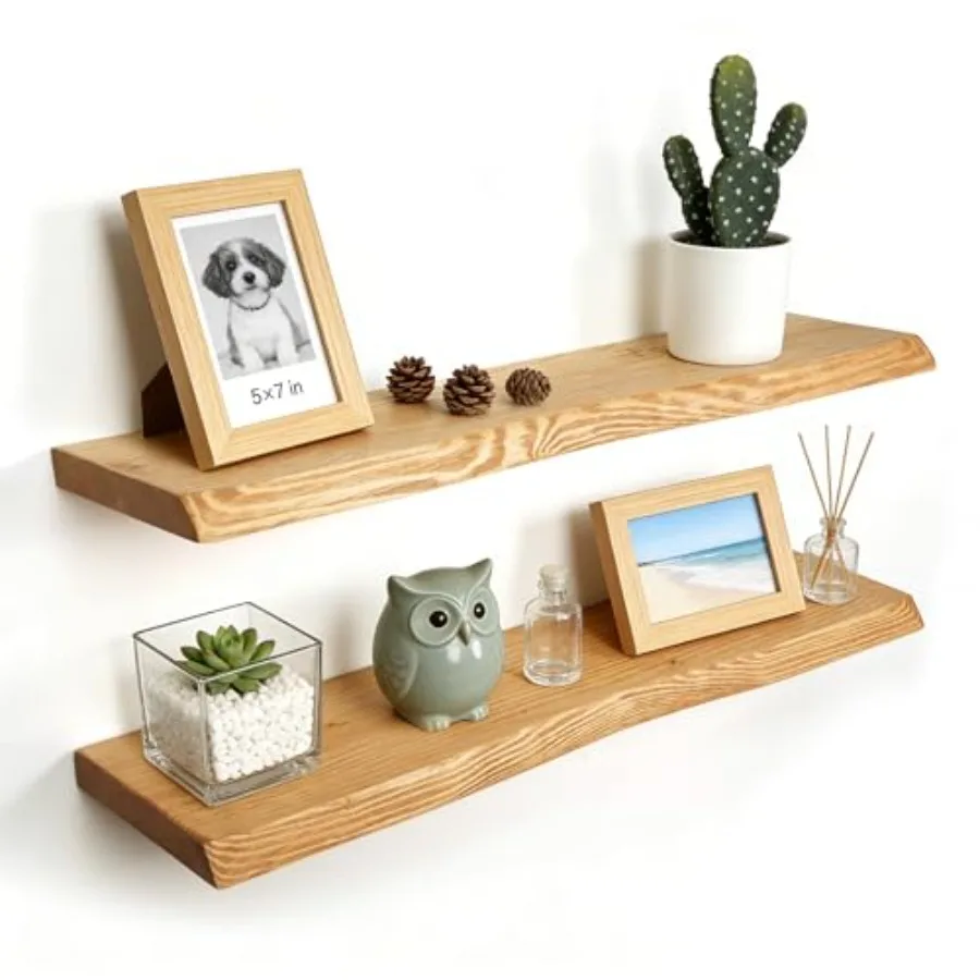 

Настенные полки в деревенском стиле с необработанным краем из массива ели, 35''×1.2''×8''D, натуральный цвет, экономия пространства