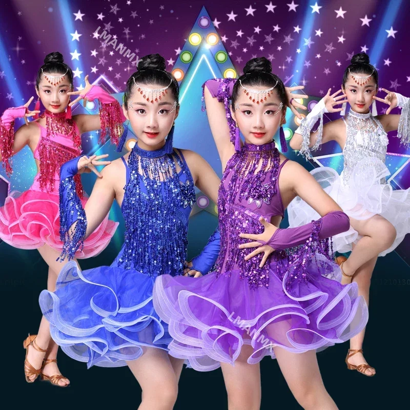 Children's Latin Dance Costumes Children's Latin Skirt Sequins Performing Competition Costume Girls Salsa Dancing Tassel Dress