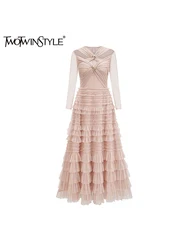 TWOTWINSTYLE Hollow Party Dress For Women V Neck Crisscross Design Long Sleeves High Waist Patchwork Reffles Hem Dresses Female