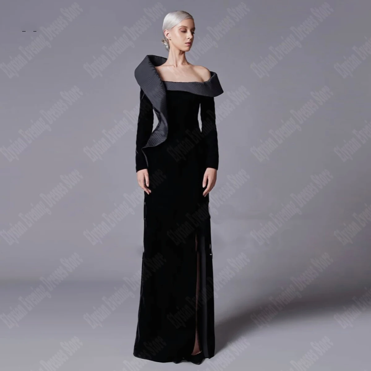 2024 Women Elegant Dresses Sexy Pleated Slim Fit Prom Gowns  Newest Velvet Dark Black Vent Customized Long Sleeve Mopping Length