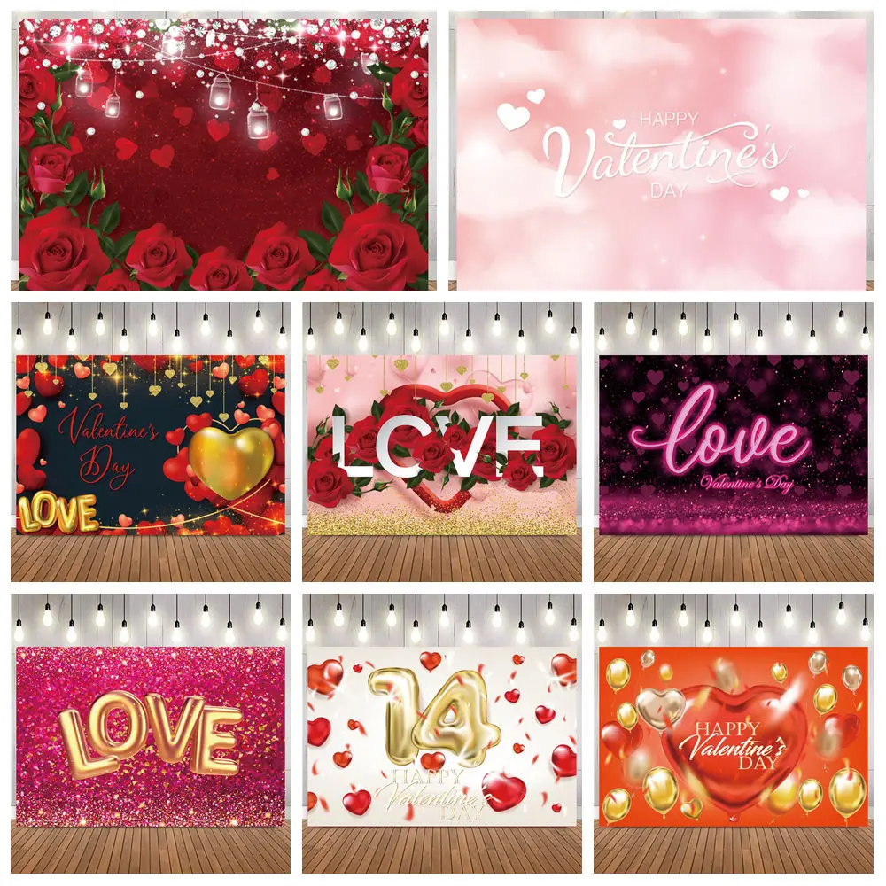 Valentine's Day Luxury Rose Heart Pattern Photo Backdrop Glittering LOVE Photography Background for Romantic Party Wedding Shoot