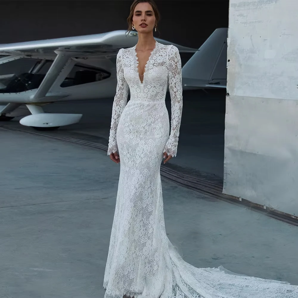 

Винтажные кружевные свадебные платья по индивидуальному заказу для женщин, свадебное платье русалки с v-образным вырезом и длинными рукавами, аппликациями, Vestidos, длиной до пола, свадебное платье