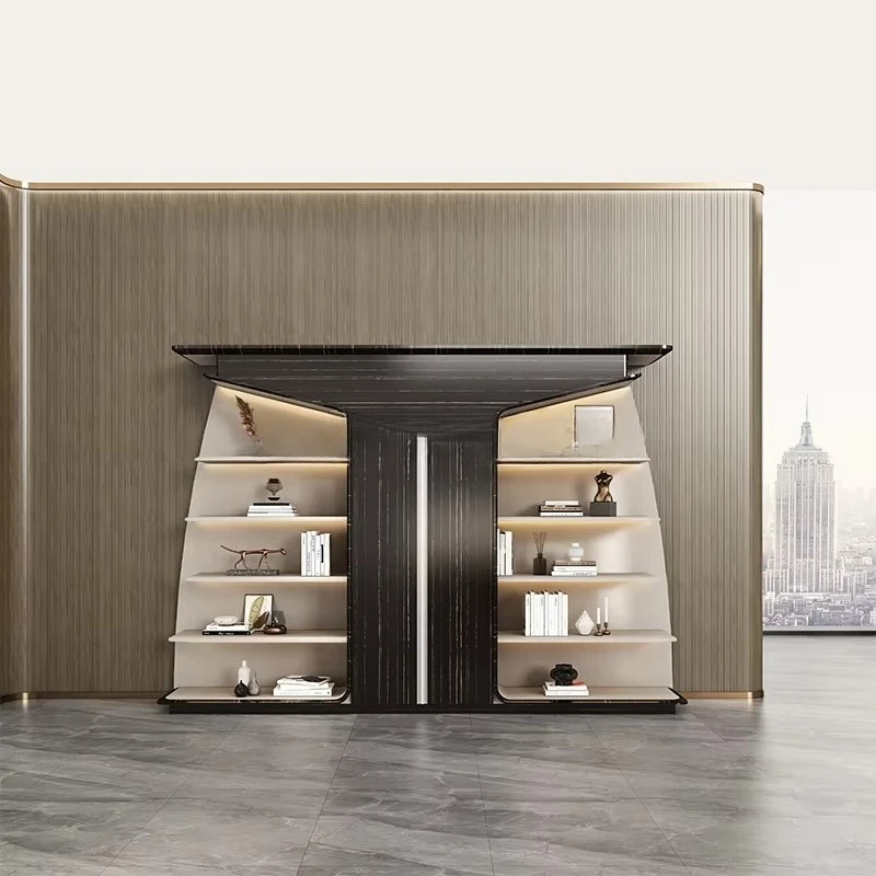 

Modern Office Bookcase Design Black-Colored Seven-Door Wooden Cabinet Home School Hotel-Panel Style Furniture Background