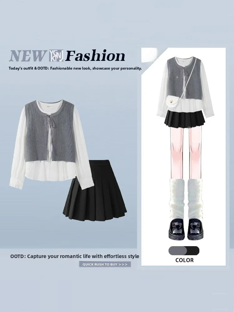 

Spring Season Color Blo round Ne irt And High Waist Pleated Skirt Women's Faion Set College Sle Fake Two-Piece Outfit
