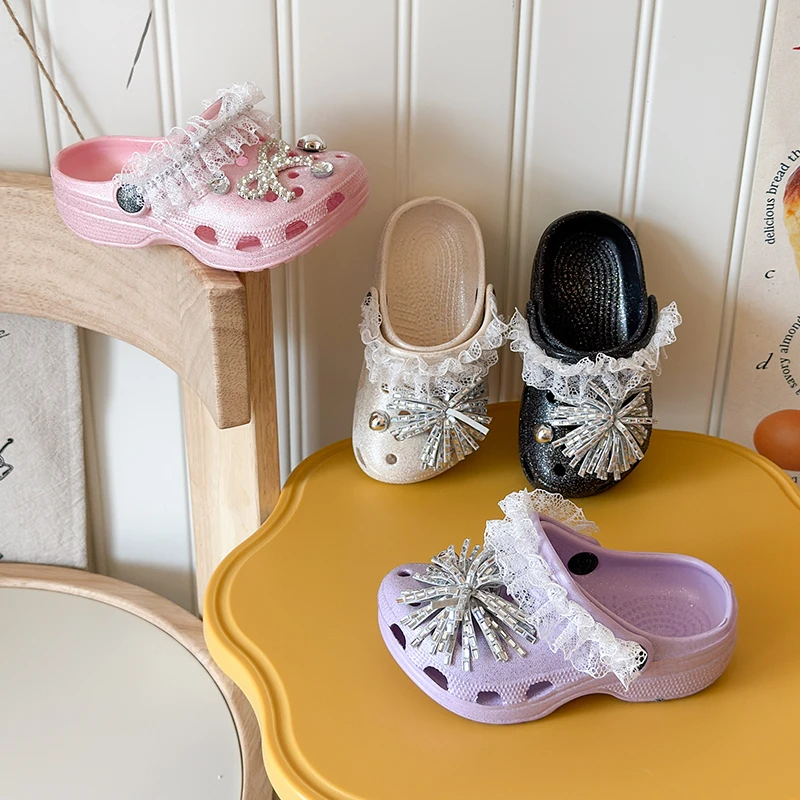 Children's Outdoor Slippers Summer Sweet Bathroom Causal Shoes for Toddler Non Slip Breathable Kids Girls Lace Beach Slippers