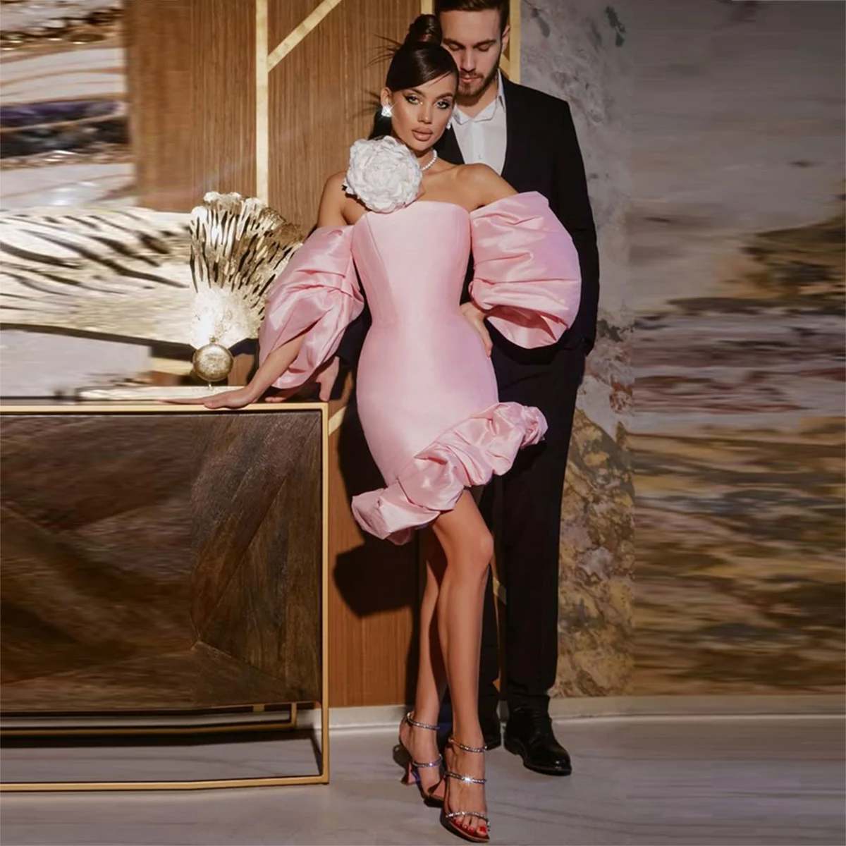 

Elegant Pink Satin Prom Dress Off The Shoulder Puffy Sleeves Ruffles Above Knee Evening Gowns Women Formal Party Dress