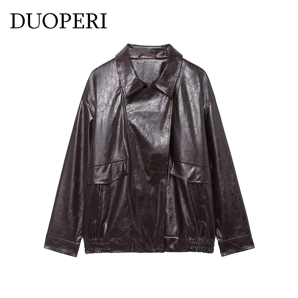 

DUOPERI Women's PU Coffee Front Zipper Bomber Jackets Casual Lapel Neck Long Sleeves Female Elegant Chic Lady Coats Outfits