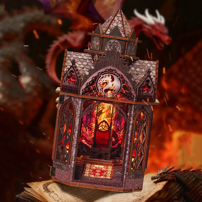 DIY-Buchecke aus Holz, Miniatur-Modellbausätze, Spire of The Wyrm, Buchstütze, 3D-Puzzle mit LED-Licht für Freunde, Geburtstagsgeschenke