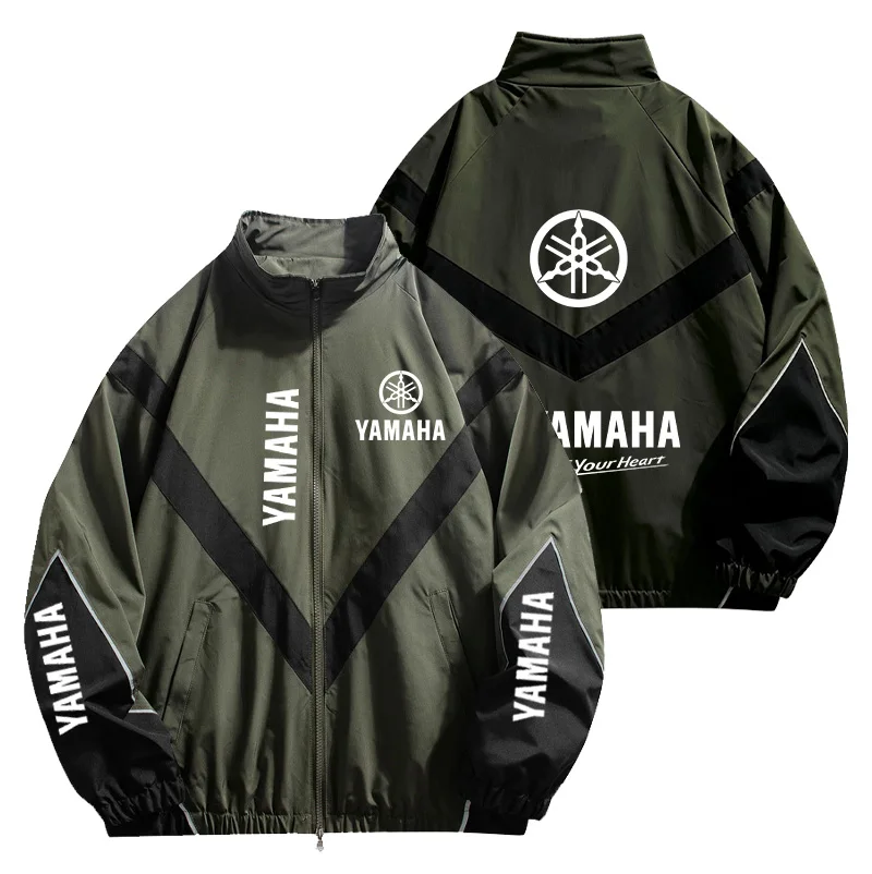 Yamaha Men's Reflective Strip Racing Jacket, Street Hip-Hop Loose Coat, Spring-Autumn Windproof Stand-Up Collar Zipper Jacket