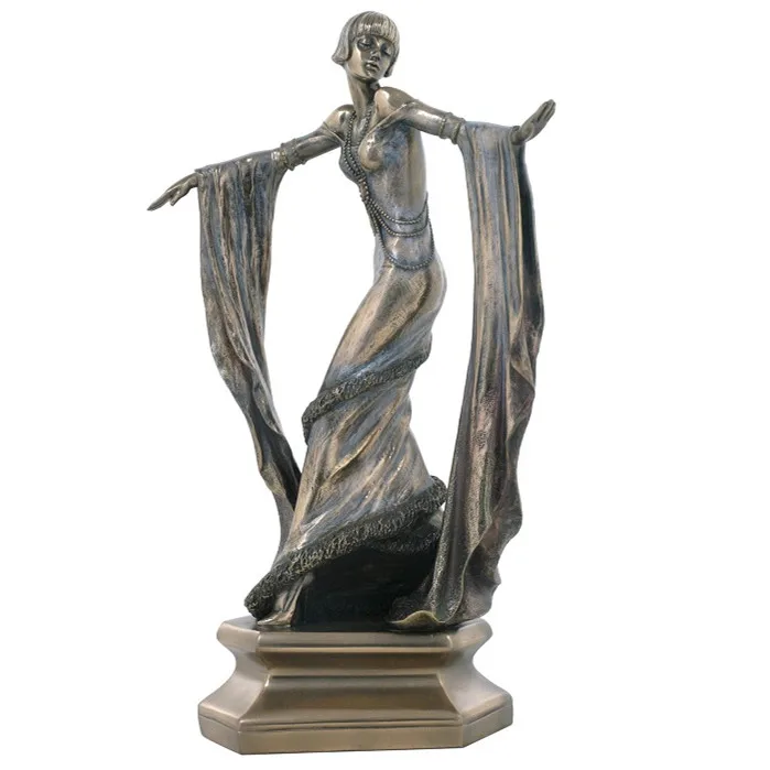 Dancing Lady Figurine Cold Cast Resin Bronze Finish Viola Dancer Statue Vintage 1920s Flapper Woman Sculpture Home Table Decor