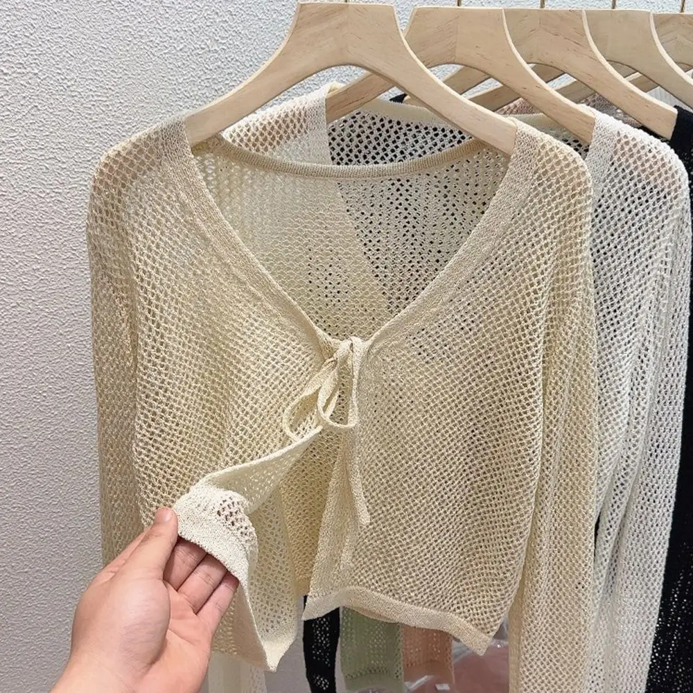 

Casual Hollow Out Knitted Cardigan Thin Long Sleeve Sun-Proof Tops V-Neck Outwear Summer