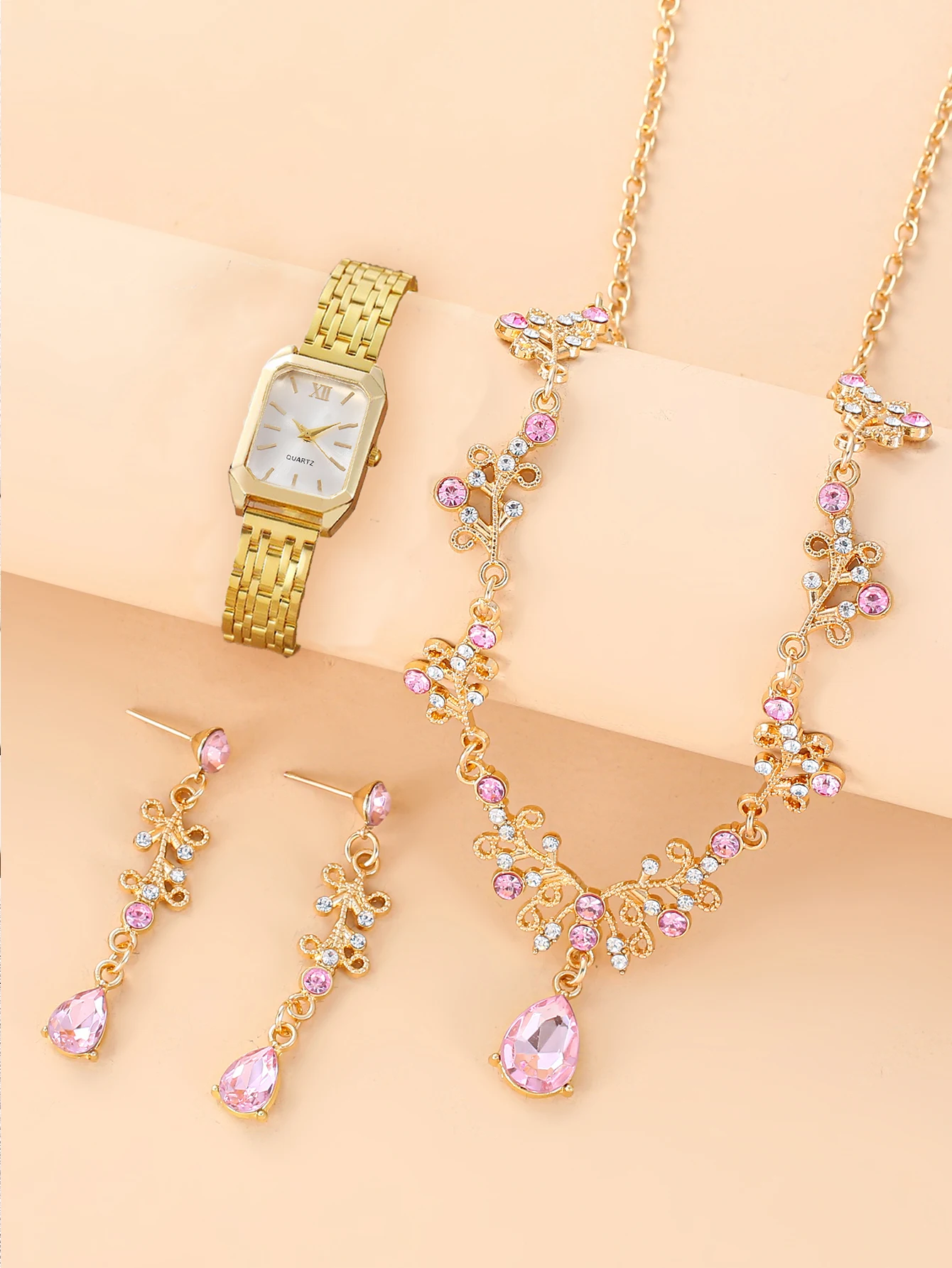 4pcs New Light Luxury Steel Belt Women's Watch with Pointer for Female Students Fashion Simple Square Quartz Watch