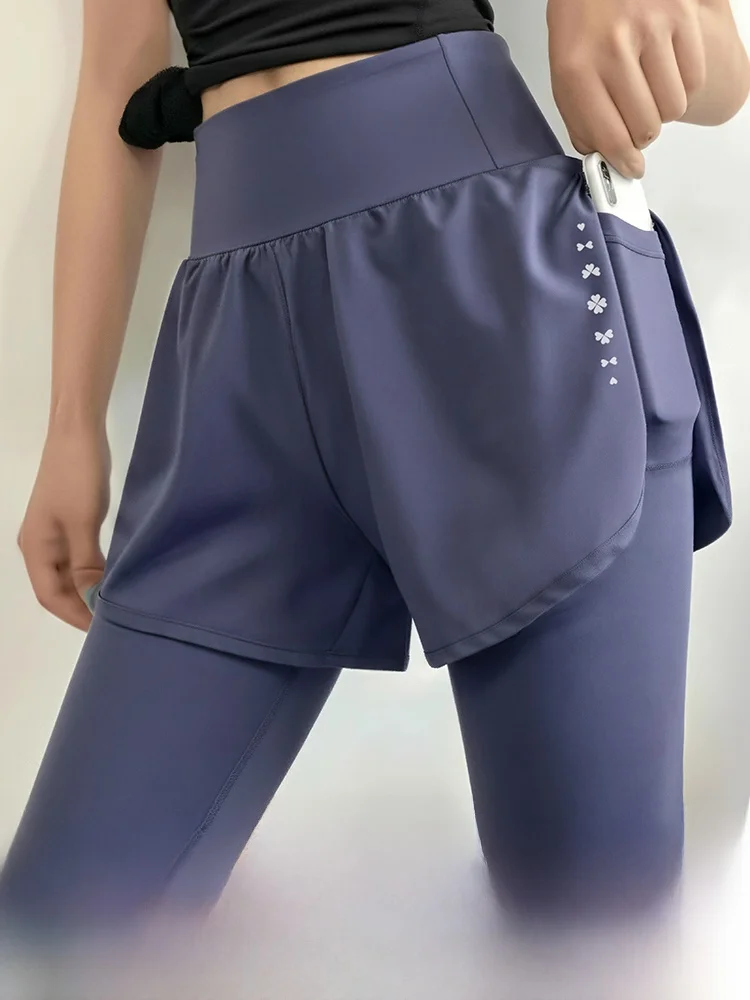 High-Waist Yoga Pants with Pockets Women's Running Fitness Tight Pants plus Size Fat MM Fake Two-Piece Sportswear