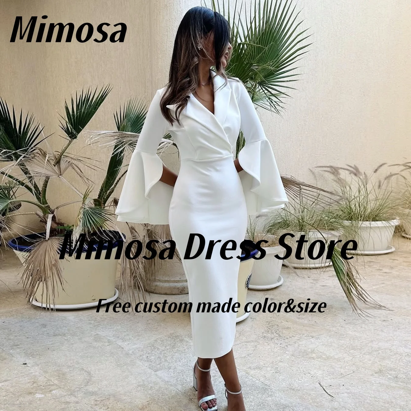 

Mimosa Lapel V Neck Prom Dresses Long Sleeves Evening Party Dress Zipper Back Slit Special Occasion Saudi Women Gowns Customized