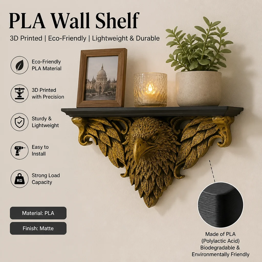 Antique Gold Eagle Head Wall Shelf, PLA Plastic Vintage Ornate Floating Display Rack for Rustic Lodge Cabin Home Decor