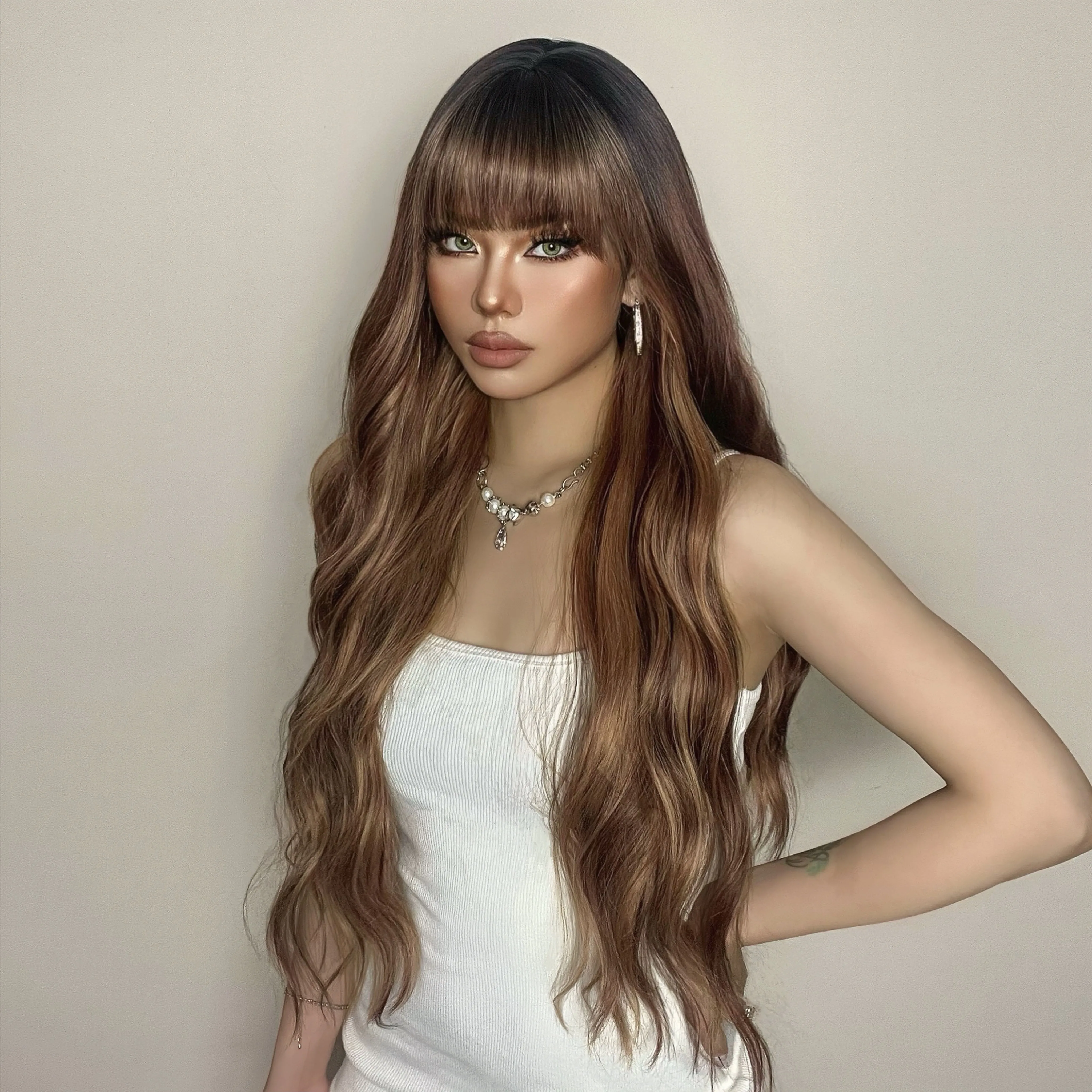 HENRY MARGU Synthetic Long Curly Highlight Wigs With Bangs Mixed Chocolate Brown Golden Hair Wigs for Black Women Cospaly